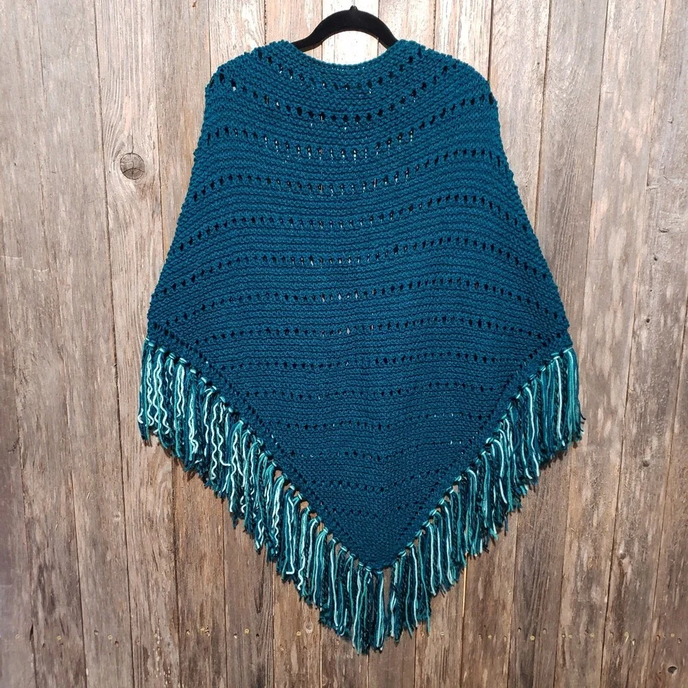 NEW Teal Blue Hand Knitted‎ Shawl Wrap Boho Hippie Fringe Coastal Cottage Indie